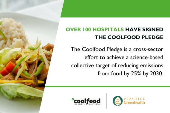 Graphic of a dish and the text: over 100 hospitals has signed the Coolfood pledge. 