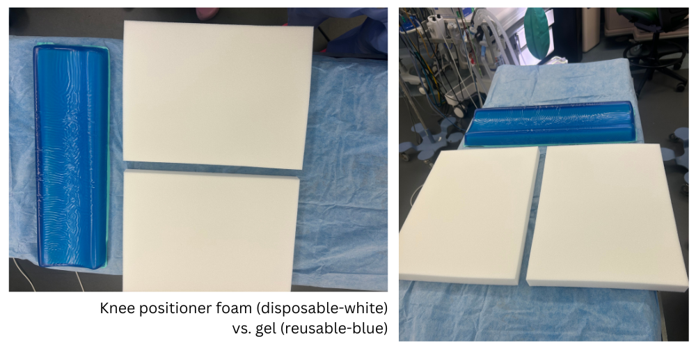 Caption: Knee positioner foam (disposable-white) vs. gel (reusable-blue)