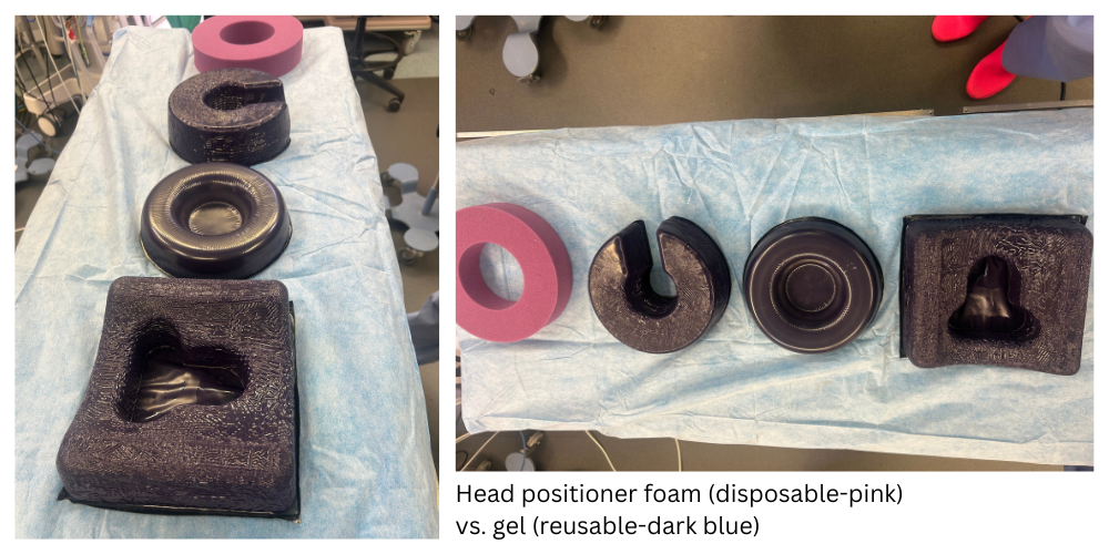Caption: Head positioner foam (disposable-pink) vs. gel (reusable-dark blue)