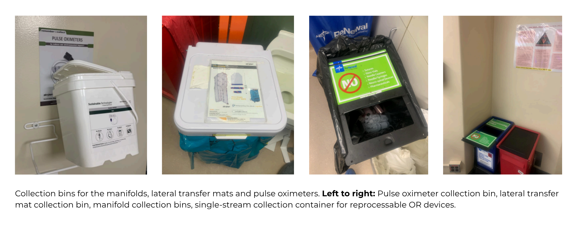 Collection bins for the manifolds, lateral transfer mats and pulse oximeters. Left to right: Pulse oximeter collection bin, lateral transfer mat collection bin, manifold collection bins, single-stream collection container for reprocessable OR devices.