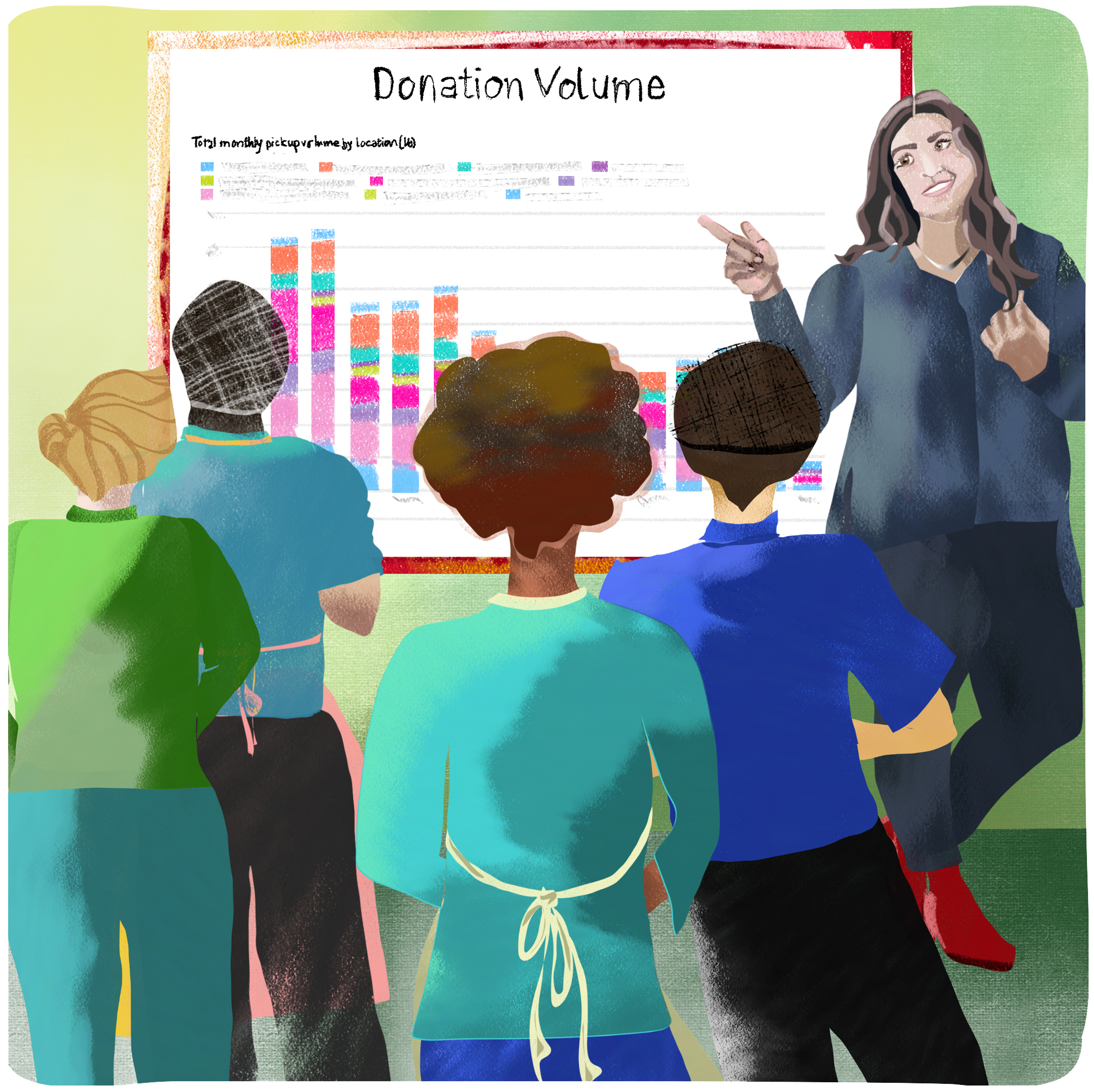 A food waste team gathers around a chart to review data