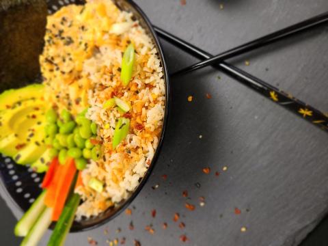 Asian vegan "crab" salad rice bowl