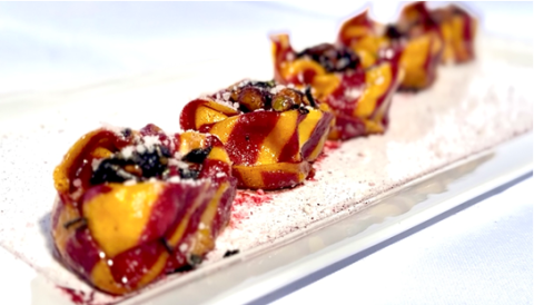 Beetroot and butternut squash tortelloni with brown butter, sage, and pistachio