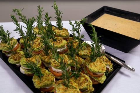 Caprese zucchini stack with avocado cilantro dressing