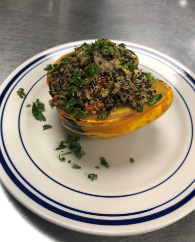 Chickpea and mushroom stuffed winter carnival squash