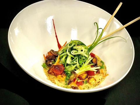 Coconut zucchini noodles with BBQ tofu