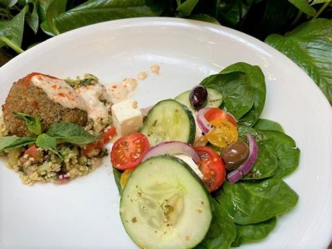 Falafel, tahini, and tabbouleh salad