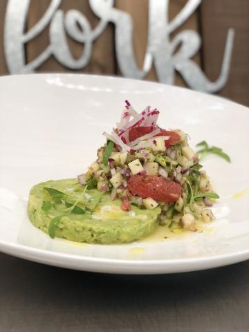 "Live" mushroom aguachile with marbled avocado and spent grain chips