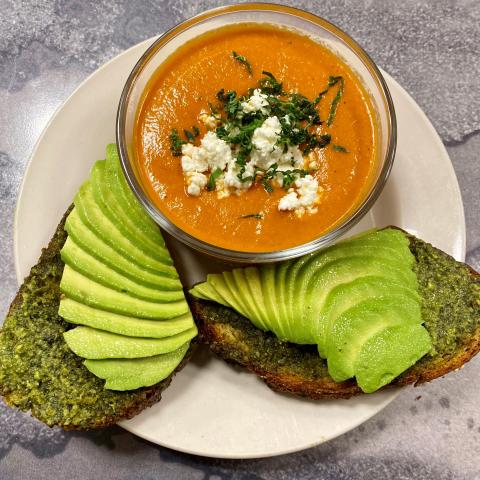 Roasted tomato soup with kale pesto avocado toast