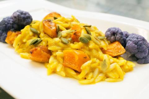 Tomato and persimmon orzo with roast kabucha squash