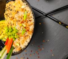 Asian vegan "crab" salad rice bowl