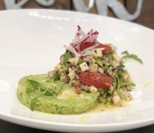 "Live" mushroom aguachile with marbled avocado and spent grain chips
